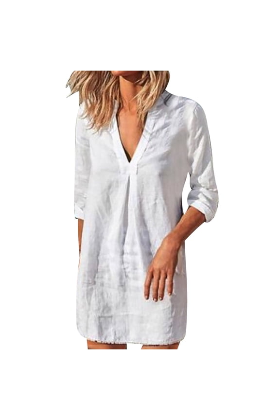 Women's Cotton Linen Baby Doll Dress Summer Casual Tunic Pleated Flowy Swing Short Sleeve Black V Neck Mini Dress Women's Casual Summer T Shirt Dresses Short Sleeve Swing Dress