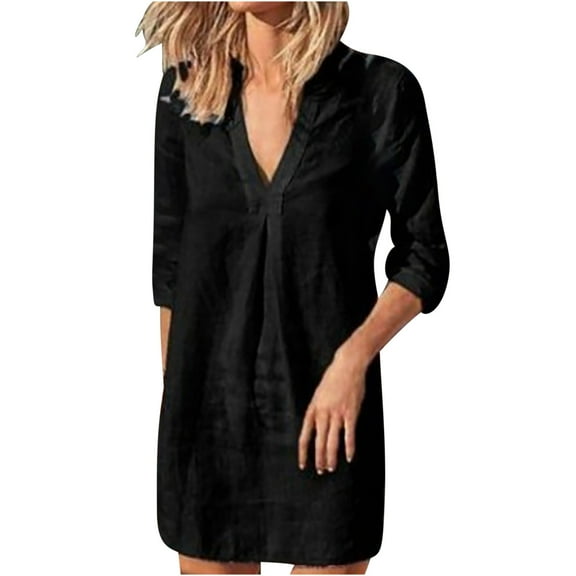 qILAKOG Women's Cotton Linen Baby Doll Dress Summer Casual Tunic Pleated Flowy Swing Short Sleeve Black V Neck Mini Dress Women's Casual Summer T Shirt Dresses Short Sleeve Swing Dress