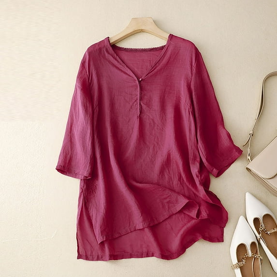 qILAKOG Women's Cotton Linen Tops 3/4 Sleeve Button V-Neck Shirt Tops Womens Pullovers Short Sleeve Tunic Tops Ladies Shirts Blouses Female T Shirts Solid Work Shirts for Women, Hot Pink&L