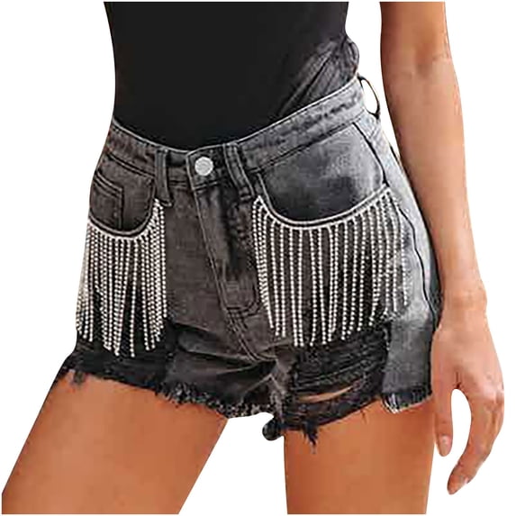 qILAKOG Women's Denim Shorts 5" Diamond Fringe Tassel Distressed Elastic High Waist Button Zipper Shorts Jeans for Women Casual Hot Jean Shorts for Summer Slim Fit,XXL
