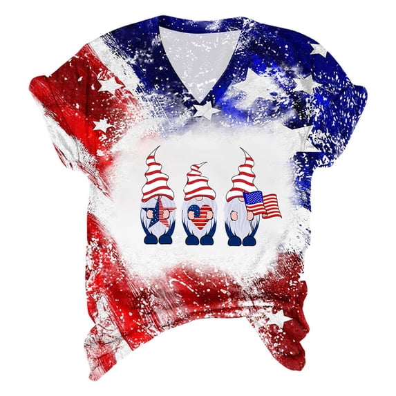 qILAKOG Women's Independence Day Print Short Sleeve Summer New Gradient Tops Classic V-Neck Versatile Tunic Slim Casual Pullover Blouses Top T-shirts for Women