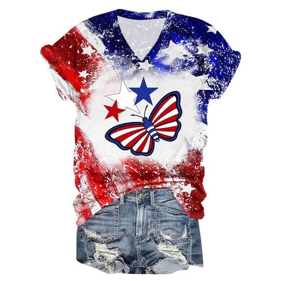 qILAKOG Women's Independence Day Print Short Sleeve Summer New Gradient Tops Classic V-Neck Versatile Tunic Slim Casual Pullover Blouses Top T-shirts for Women