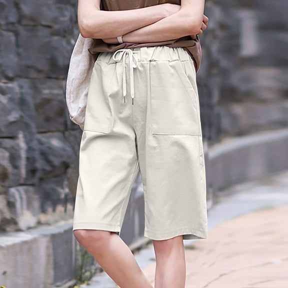 qILAKOG Women's Linen Bermuda Shorts High Waist Drawstring Knee Length Shorts Elastic Comfy Lounge Shorts Ladies Straight Leg Shorts Womens Summer Casual Shorts with Pockets, XXL&Beige