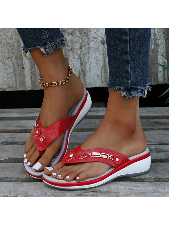 Women's Orthopedic Arch Support Flip Flops Summer Comfortable Walking Orthotic Thong Sandals Ladies Fashion Casual Sandals Shoes Outdoor Flip Flops Beach Wedges Slippers, 5.5&Red