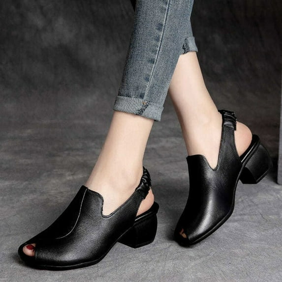 qILAKOG Women's Peep Toe Chunky Stacked Heel Ankle Sandal New Summer Retro Thick Heel Women's Shoes Comfortable Outwear Open Toe Sandals, 4.5&Black