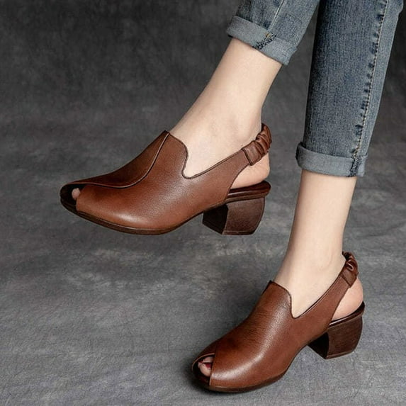 qILAKOG Women's Peep Toe Chunky Stacked Heel Ankle Sandal New Summer Retro Thick Heel Women's Shoes Comfortable Outwear Open Toe Sandals, 4.5&Brown