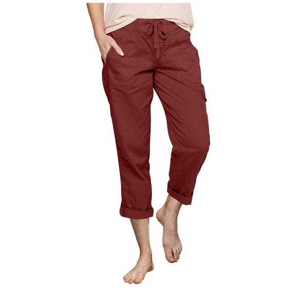 qILAKOG Women's Relaxed-Fit Cargo Capri Pant Women's Fashion Casual Solid Color High Waist Cargo Pants A-Line Loose Wide Leg Pocket Quick Drying Long Pants Wine XXXL