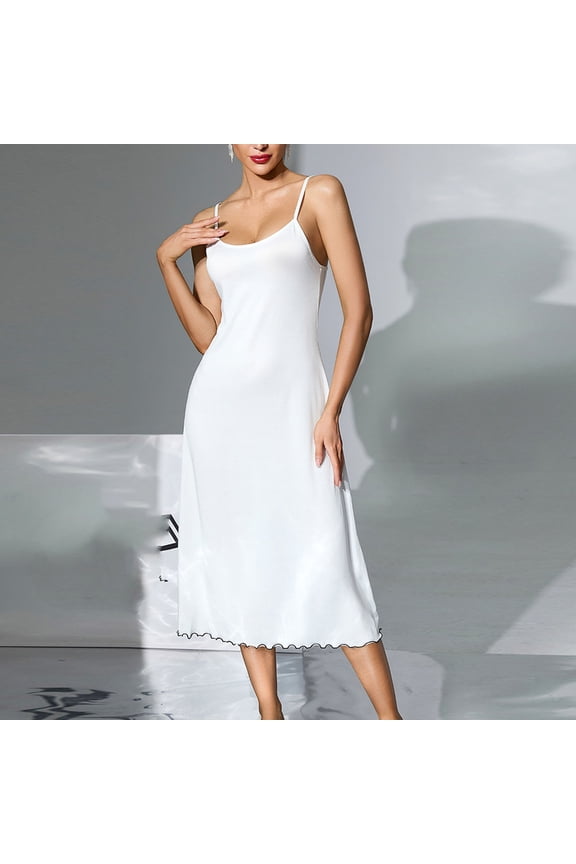 Women's Sleeveless Nightgowns Summer Full Slip Dresses Solid Color Spaghetti Straps Soft Comfortable Trendy Halter Backless Easy Loungewear White M