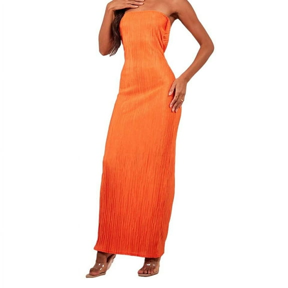 qILAKOG Women's Strapless Tube Dress Tube Bodycon Sleeveless Backless Crew Neck A Line Long Dresses Maxi Dresses Summer Casual Beach Party Clubwear, Orange&XL