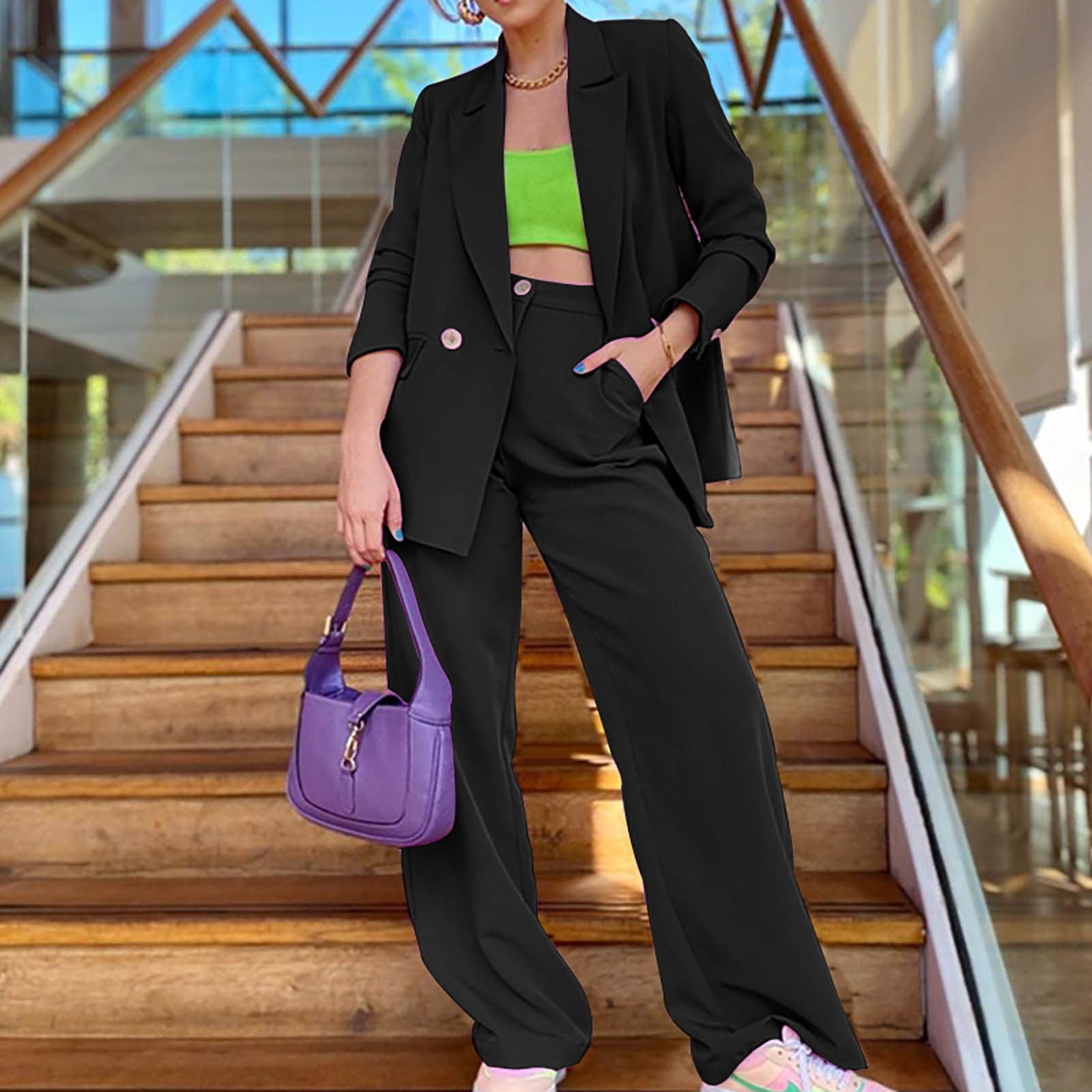 qILAKOG Women's Suit 2 Piece Suit Blazer Pants Set Womens 2 Piece Solid