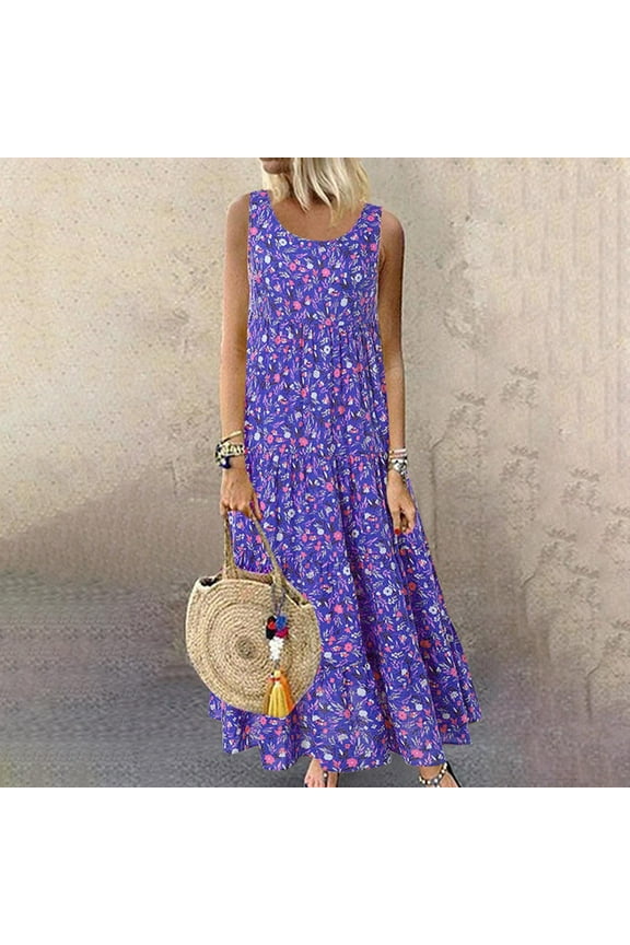 Women's Summer Dresses Plus Size Casual Sleeveless Crewneck Swing Sundress Fit & Flare Flowy Tiered Maxi Dress Ethnic Style Printed Loose Ankle-Length Dress with Pockets Purple Size XL