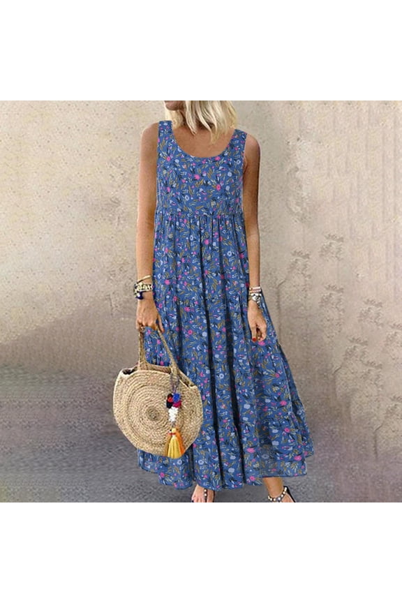 Women's Summer Dresses Plus Size Casual Sleeveless Crewneck Swing Sundress Fit & Flare Flowy Tiered Maxi Dress Ethnic Style Printed Loose Ankle-Length Dress with Pockets Blue Size S