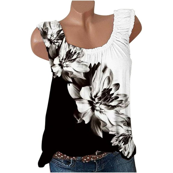qILAKOG Women's Summer Flower Print Leopard Petal Elastic Shoulder Straps Tank Tops Loose Square Neck Jacquard Sleeveless Vest Shirts Casual Suspenders Cotton Basic Tunic Plus Size Blouse Pullover