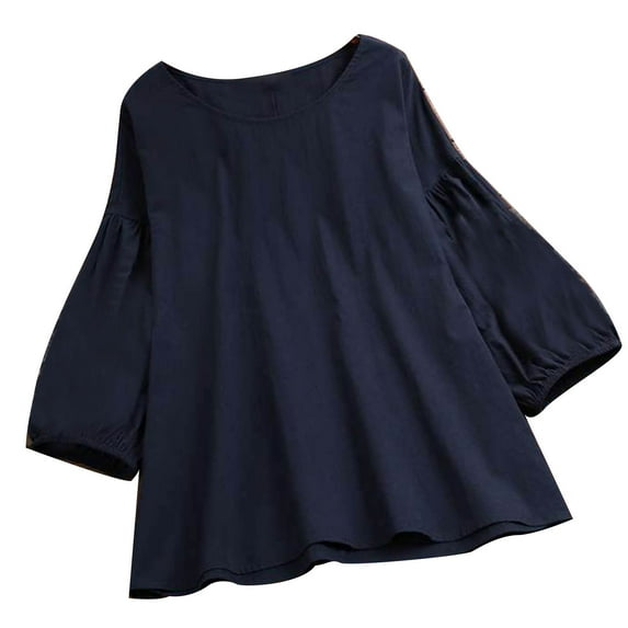 qILAKOG Women's Summer New Cotton Linen Fresh Sweet Balloon Sleeves Solid Color Tops Plus Size M-5XL Loose Casual Slimming Tee Shirts Long Sleeve Round Neck Top Blouse Pullover