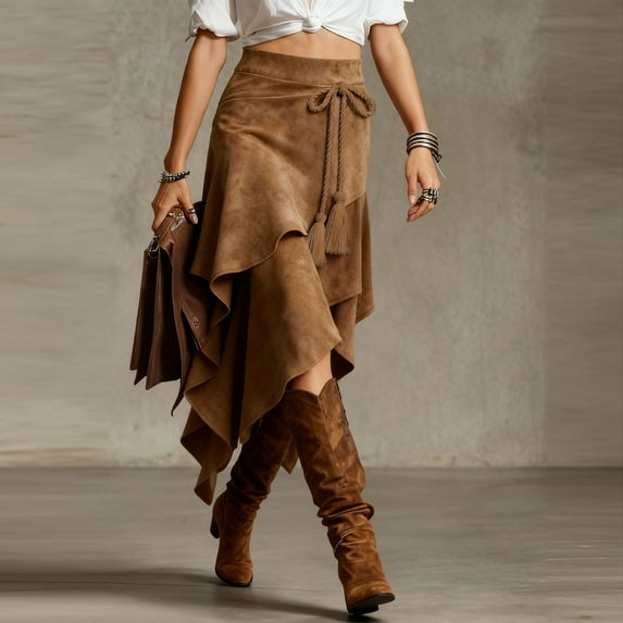 qILAKOG Women's Western Skirt Trendy Renaissance Asymmetrical High Waist Ruffle Rope Fringe Trim Flowy Ruffle Vintage Boho Tiered Midi Skirt Brown S