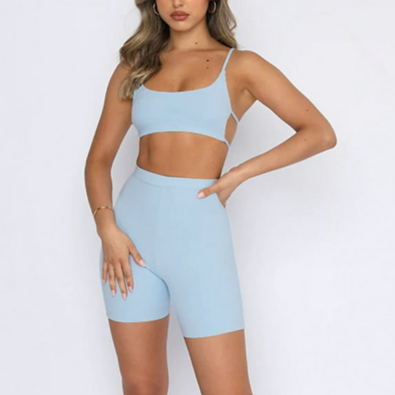 qILAKOG Women's Workout Sets Backless Tank 2 Piece Seamless High Waist Gym Outfit Yoga Shorts Sets Two Piece Outfits for Women Sleeveless V Neck Biker Shorts Set, L&Light Blue