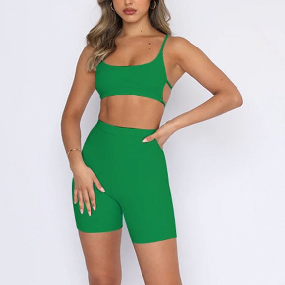 qILAKOG Women's Workout Sets Backless Tank 2 Piece Seamless High Waist Gym Outfit Yoga Shorts Sets Two Piece Outfits for Women Sleeveless V Neck Biker Shorts Set, M&Green