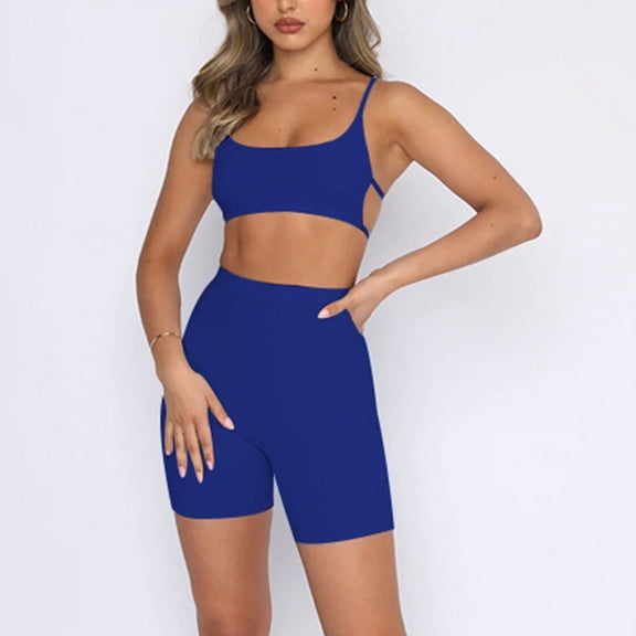 qILAKOG Women's Workout Sets Backless Tank 2 Piece Seamless High Waist Gym Outfit Yoga Shorts Sets Two Piece Outfits for Women Sleeveless V Neck Biker Shorts Set, M&Blue