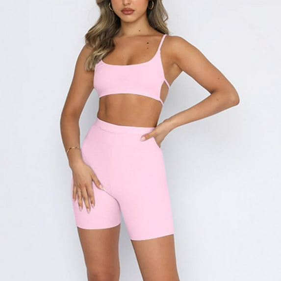 qILAKOG Women's Workout Sets Backless Tank 2 Piece Seamless High Waist Gym Outfit Yoga Shorts Sets Two Piece Outfits for Women Sleeveless V Neck Biker Shorts Set, L&Pink