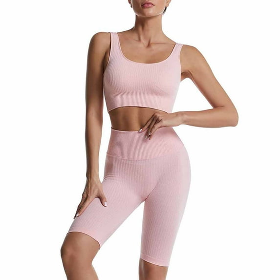 qILAKOG Women's Yoga Outfit Seamless Workout Set High Waist Exercise Shorts Pants with Sport Crop Top Bra 2PCS Gym Tracksuits Women Workout Sets Yoga Outfit, M&Pink