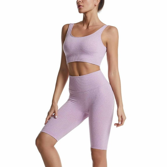qILAKOG Women's Yoga Outfit Seamless Workout Set High Waist Exercise Shorts Pants with Sport Crop Top Bra 2PCS Gym Tracksuits Women Workout Sets Yoga Outfit, M&Purple