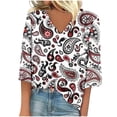 thumbnail image 1 of qILAKOG Womens Blouses 3/4 Sleeve Summer Ethnic Floral Slim Cute Tops V Neck Slim Fit Half Sleeve Tshirts Shirts Spring Tops Womens Fall Pullover Tops, Wine&S, 1 of 4