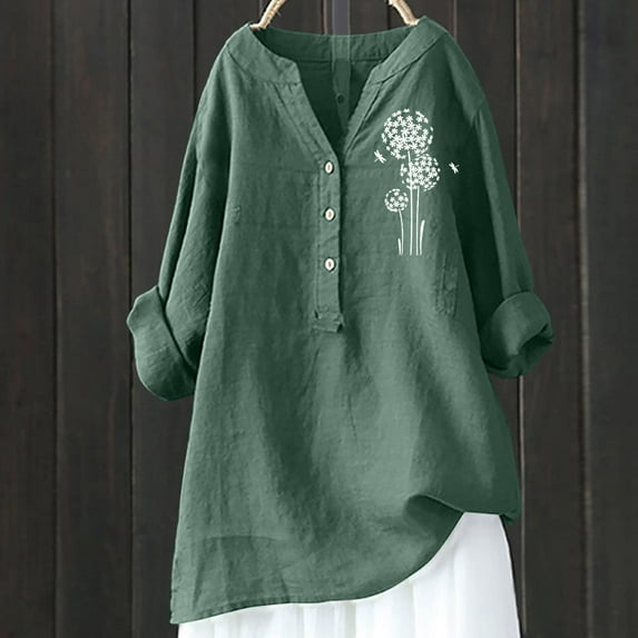 qILAKOG Womens Casual Button Down Blouses V Neck Long Sleeve Graphic Tops Cute Relaxed Fit Shirts Tunic Tops for Women Cotton And Linen Tops Blouses Casual T-Shirt, Green&XXXXL
