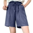 thumbnail image 1 of qILAKOG Womens Denim Shorts Women Summer Shorts with Drawstring Elastic Waist Bermuda Shorts Casual Wide Legs Shorts Ladies Casual Loose Shorts with Pockets, L&Dark Blue, 1 of 2