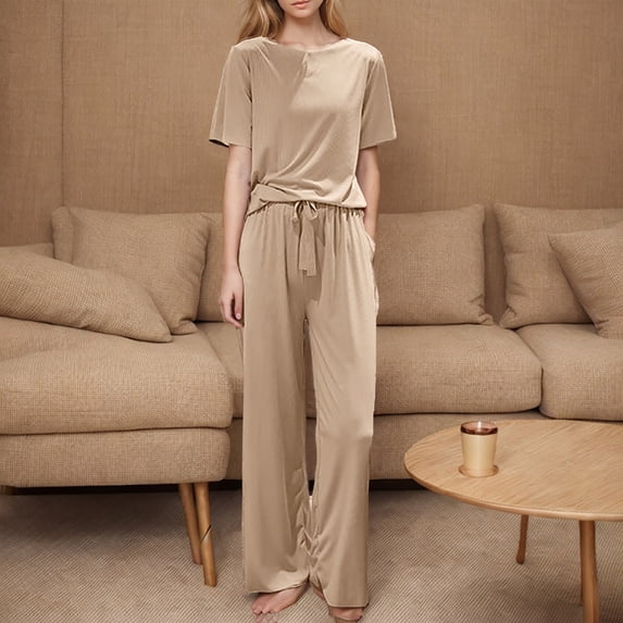 qILAKOG Womens Pajama Sets Short Sleeve Sleepwear Top and Pants 2 Piece Pjs Lounge Sets Beige Free Size