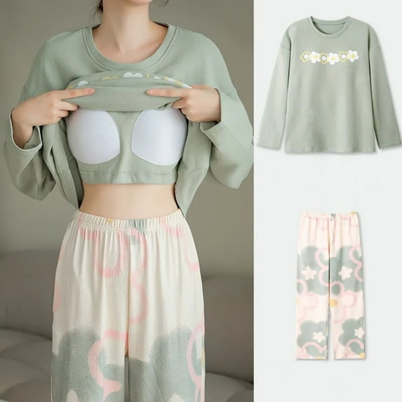 qILAKOG Womens Pajamas With Breast Pad Long Sleeve Sleepwear Tops and Capri Pants Pjs Print Pajama Sets Green XL