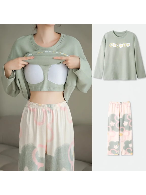 Womens Pajamas With Breast Pad Long Sleeve Sleepwear Tops and Capri Pants Pjs Print Pajama Sets Green XXXL