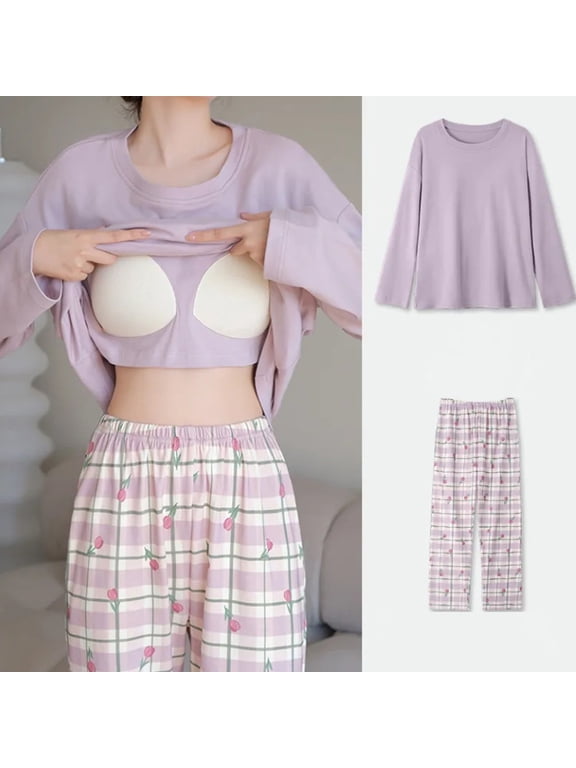 Womens Pajamas With Breast Pad Long Sleeve Sleepwear Tops and Capri Pants Pjs Print Pajama Sets Purple XXXL