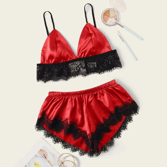 qILAKOG Womens Satin Silk Cami Pajama Sets 2 Piece Pjs Tank Top and Short Pants Sleepwear Pj Sets Red M