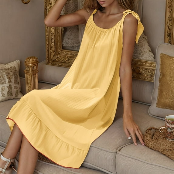 qILAKOG Womens Solid Color Nightdress Nightgown Sleeveless Sleepwear V Neck Sleep Dress Yellow L