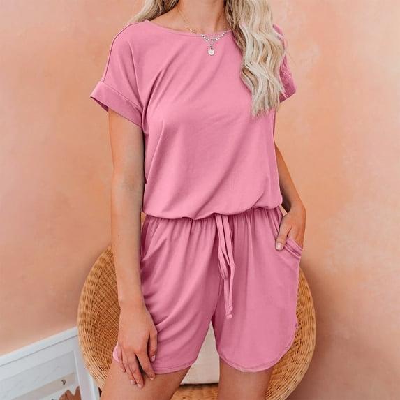 qILAKOG Womens Solid Rompers Round-Neck Short Sleeve Short Jumpsuits for Female Ladies Summer Crew-Neck Bandage Short Jumpsuit for Women with Pocket, L&Pink