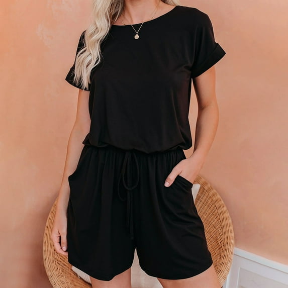qILAKOG Womens Solid Rompers Round-Neck Short Sleeve Short Jumpsuits for Female Ladies Summer Crew-Neck Bandage Short Jumpsuit for Women with Pocket, XL&Black