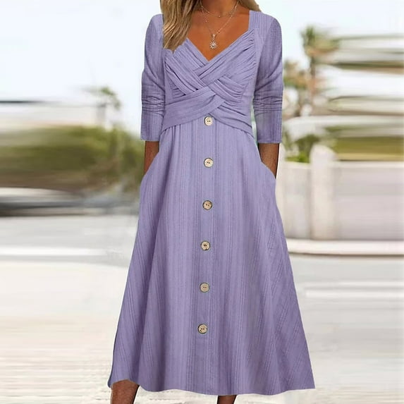 qILAKOG Womens Summer Dress Casual Solid Midi Dress Cross Strap V Neck Short Sleeve Dresses Flowy Boho Beach Party Sundress Beach Dresses for Women, Purple&M