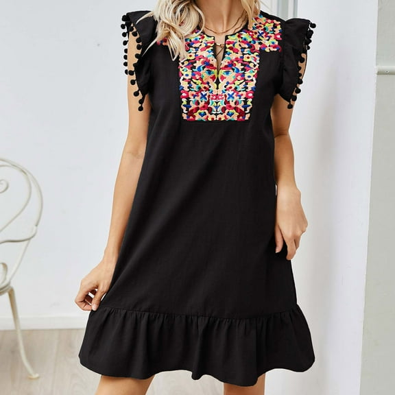 qILAKOG Womens Summer Dresses 2024 Trendy Ruffle Sleeveless Keyhole Neck Embroidery Splice Flowy Boho Sundress Loose Fit A Line Beach Dress Cotton Linen Dresses, Black&S