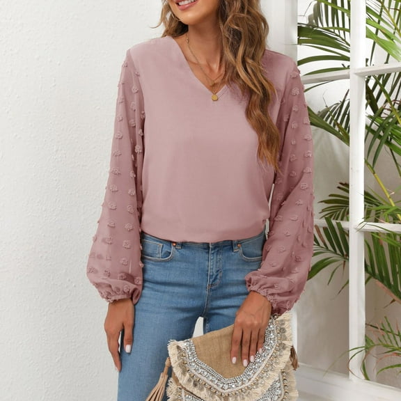 qILAKOG Womens Tops Autumn Top for Women Chiffon Long Sleeve V Neck Solid Blouse Shirts Ladies 2024 Spring Bubble Sleeves Dressy Casual Tshirts Women's Casual Tops for Work, Pink&XXL