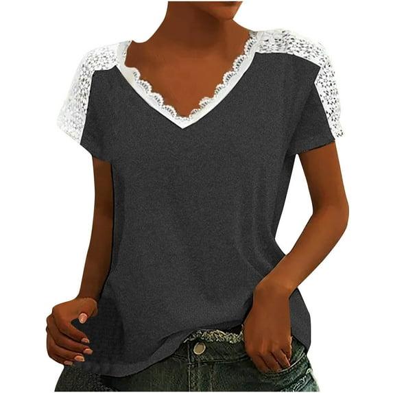 qILAKOG Womens Tops Casual V Neck Short Sleeve Solid Color Basic Lace T Shirt Yoga Shirts Summer Tops Dressy Trendy Loose Fit Running Athletic Workout Shirts Pullover Plus Size S-XL Tops for Leggings