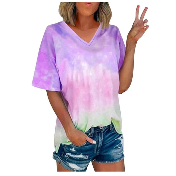 qILAKOG Womens Tops V Neck and Round Neck Tee Casual Short Sleeve T Shirts Women's Summer Gradient Solid Color Tie Dye Basic Top Color Block Shirt Crew Neck Cotton Tee Blouse