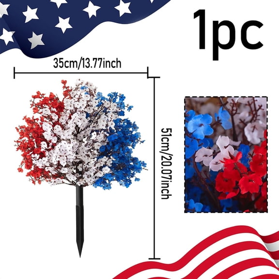 qadh 4th of July Artificial Floral Ball Trees with Ground 20inch Patriotic Red, White and Blue Flowers Stake Artificial Flower Plant Shrubs for Independence Day Memorial Day Garden Porch Patio Decor