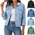 thumbnail image 1 of qafoshin Crop Denim Jackets for Women Lapel Solid Casual Long Sleeve Tops Trendy Button Down Jean Coat, 1 of 7