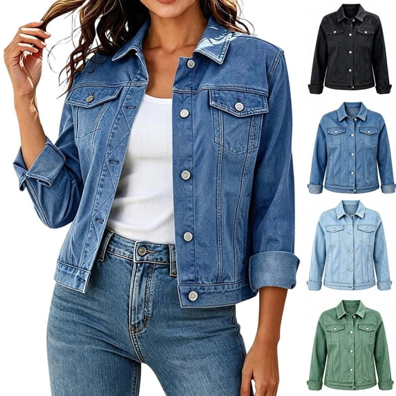 qafoshin Crop Denim Jackets for Women Lapel Solid Casual Long Sleeve Tops Trendy Button Down Jean Coat