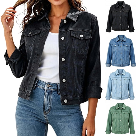 qafoshin Crop Denim Jackets for Women Lapel Solid Casual Long Sleeve Tops Trendy Button Down Jean Coat