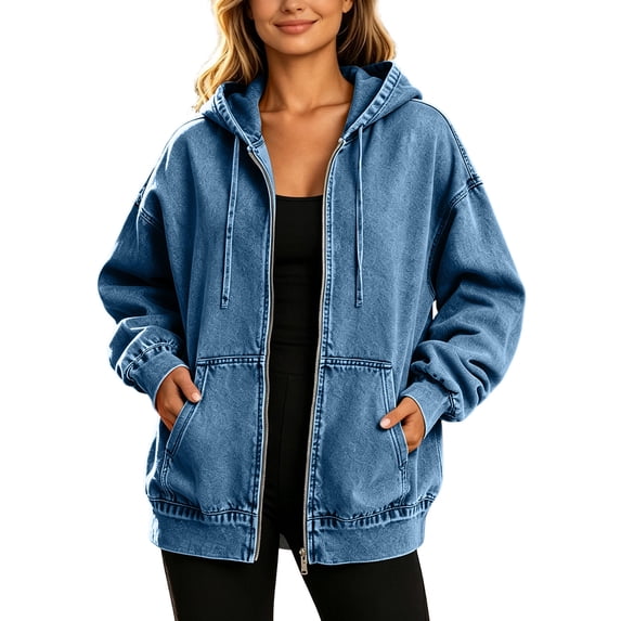 qafoshin Denim Jacket for Women Zipper Hooded Drawstring Denim Coat Oversized Long Sleeve Fall Trendy Outfits