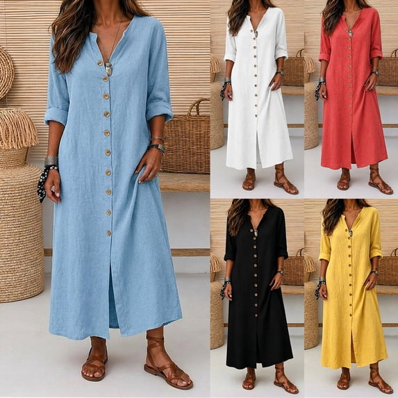 qafoshin Fall Dresses for Women V Neck Button Down Loose Dress Solid Color Casual Long Dress
