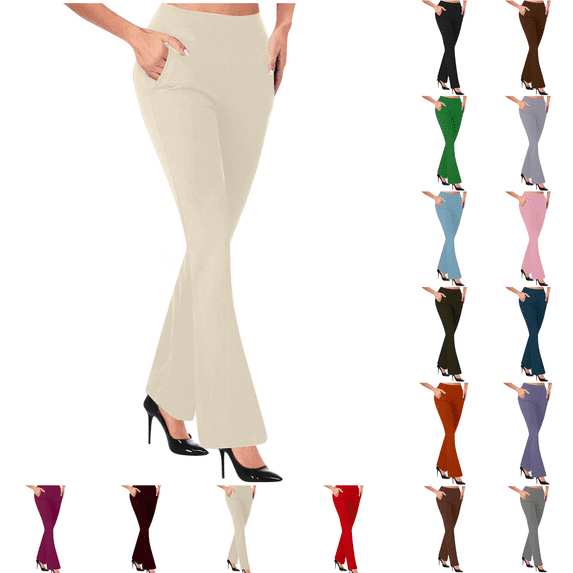qafoshin Flare Pants for Women Trendy Casual Solid Color Knitted Legging High Waist Stretch Pants Business Office Fitting Comfty Pants
