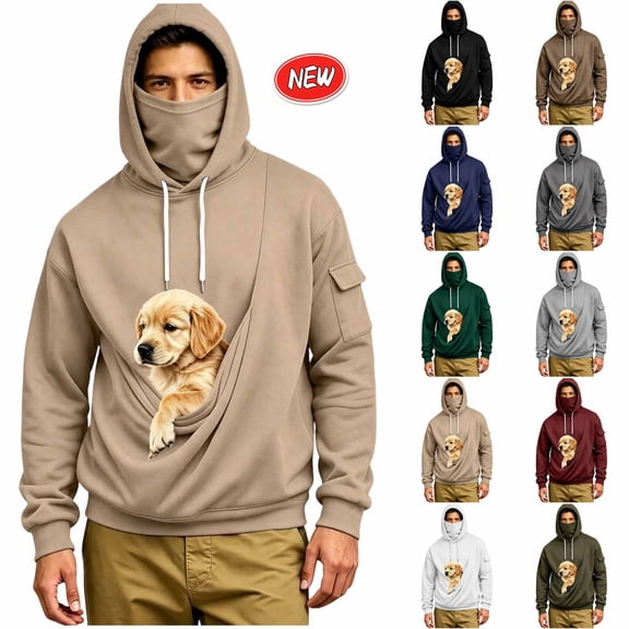 qafoshin Front Storage Pocket Casual Hoodies for Men Fall Long Sleeve Drawstring Pullover Tops with Built-in Face Gaiter