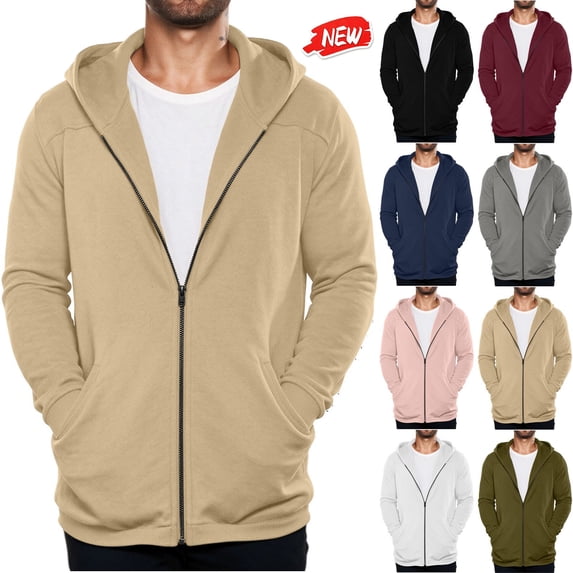 qafoshin Full-Zip Hoodies for Men Casual Trendy Solid Color Long Sleeve Loose Fit Fall Sweatshirt Jackets with Pockets